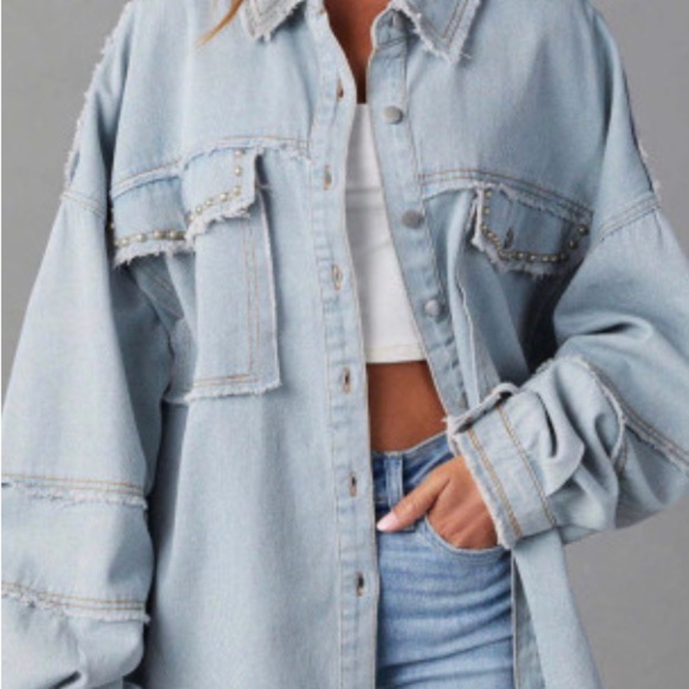 POL Oversized Light Wash Denim Shacket with Stud Trim - Women…PTP is 27 inches